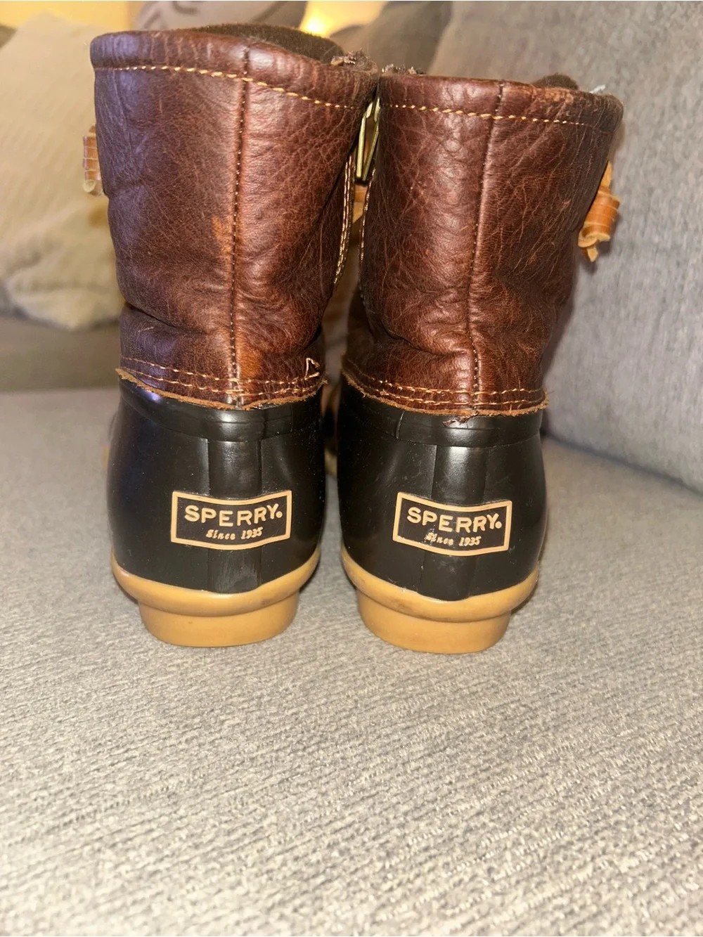 Sperry Brown Leather & Black Rubber Duck Boots with Tan Laces for Kids